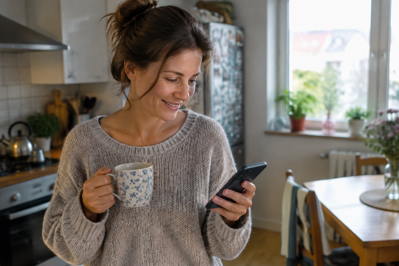 Uśmiechnięta kobieta po trzydziestce stoi w kuchni z kubkiem kawy i spokojnie spogląda na powiadomienie w telefonie