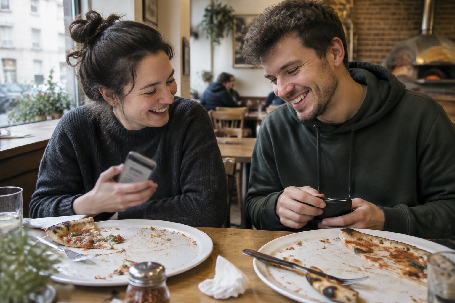 Dwoje przyjaciół w pizzerii dzieli się rachunkiem przy stoliku i śmieje się
