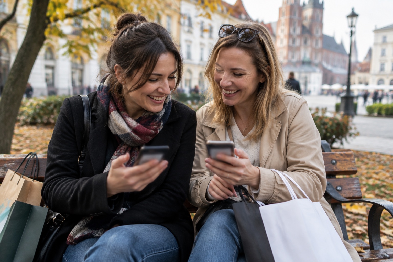 Dwie przyjaciółki na ławce w parku rozliczają się telefonami za wspólne zakupy i śmieją się