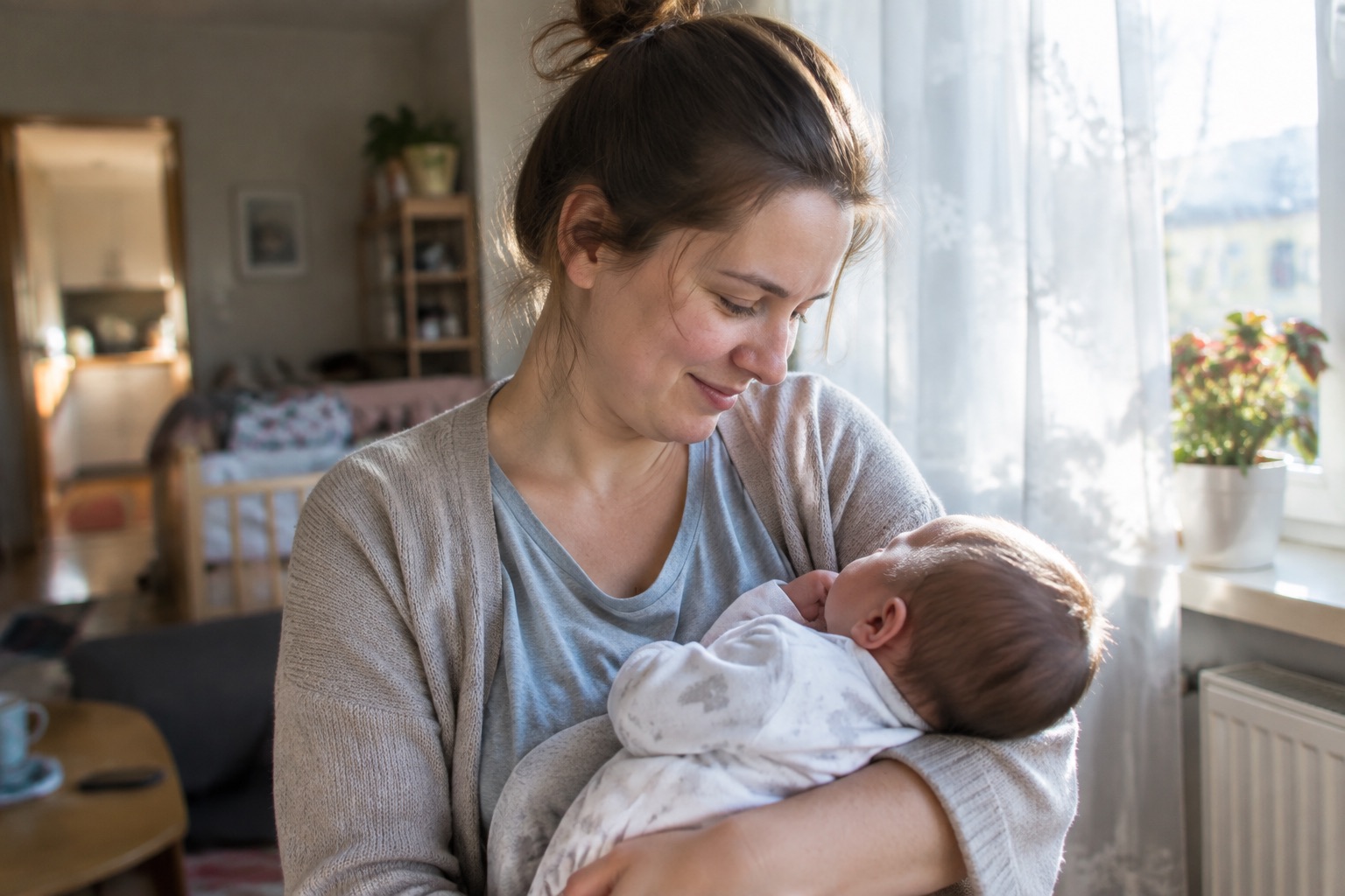 Mama z noworodkiem przy oknie, z łagodnym uśmiechem
