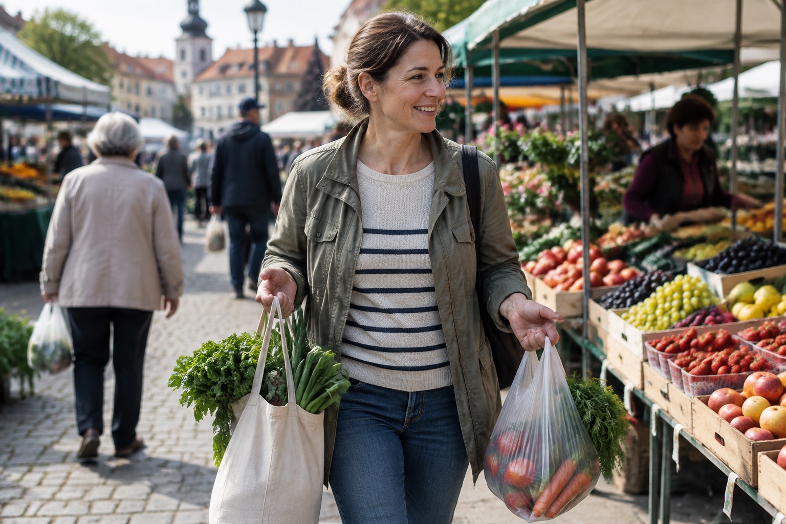 Uśmiechnięta kobieta niesie torby z zakupami na targu