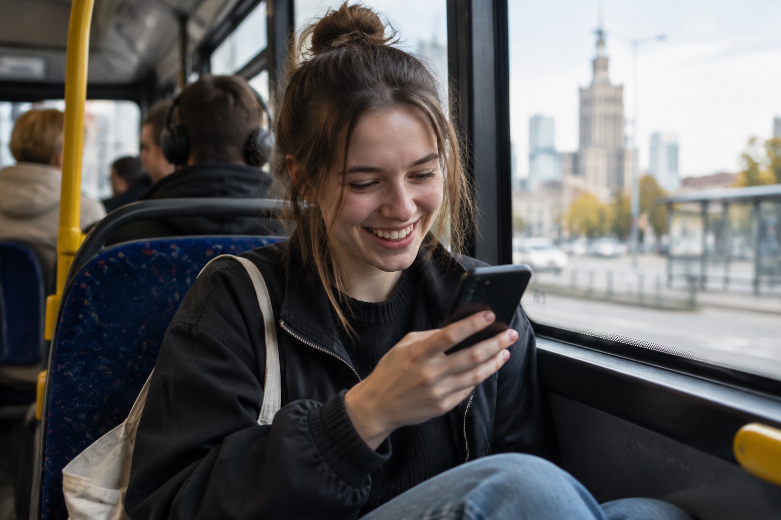 Młoda kobieta w autobusie śmieje się, czytając wiadomość od przyjaciółki w telefonie