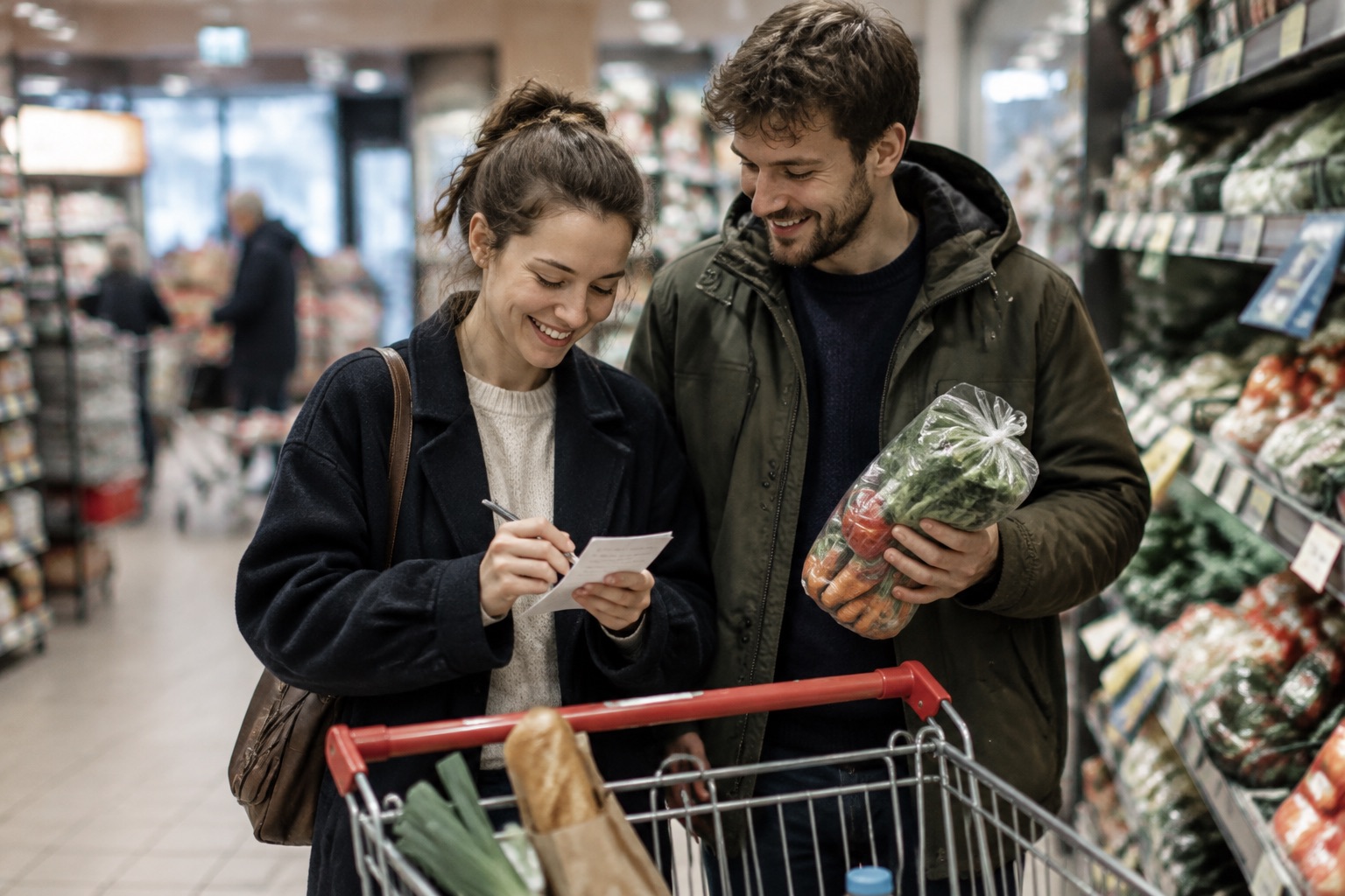 Młoda para w supermarkecie z uśmiechem odhacza produkty z papierowej listy zakupów przy wózku