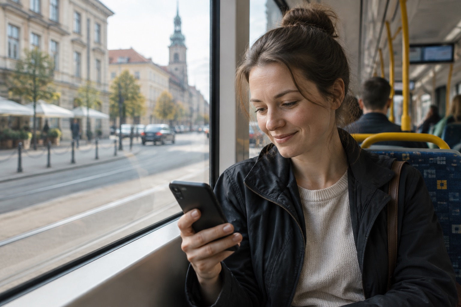 Uśmiechnięta kobieta po trzydziestce jadąca tramwajem z telefonem w dłoni