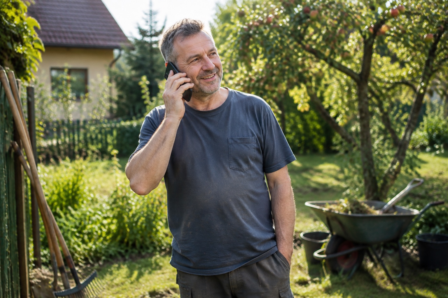 Mężczyzna po pięćdziesiątce w ogrodzie uśmiecha się podczas rozmowy telefonicznej