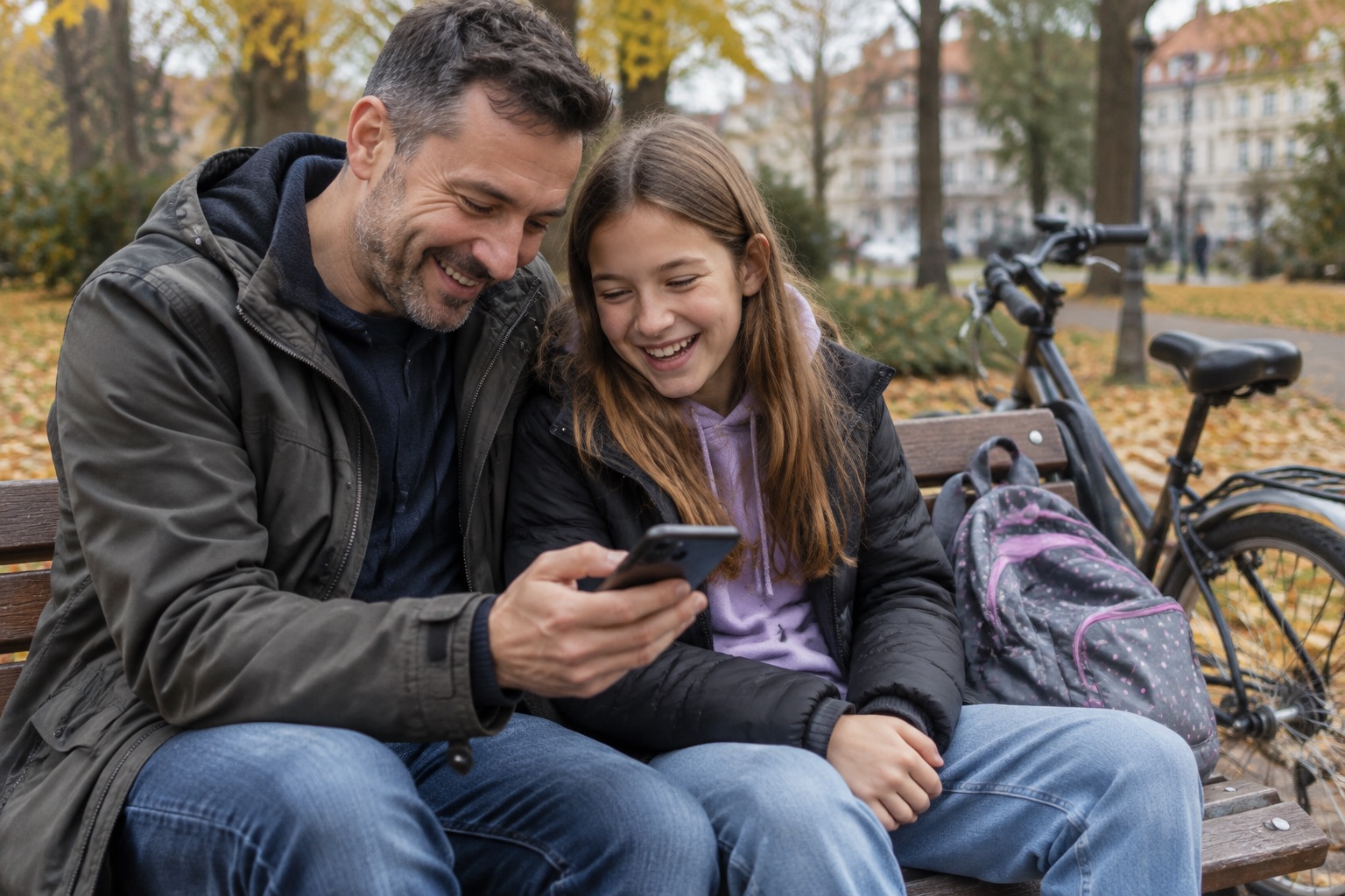 Tata i jedenastoletnia córka na ławce w parku patrzą razem w telefon i śmieją się, obok rower i plecak