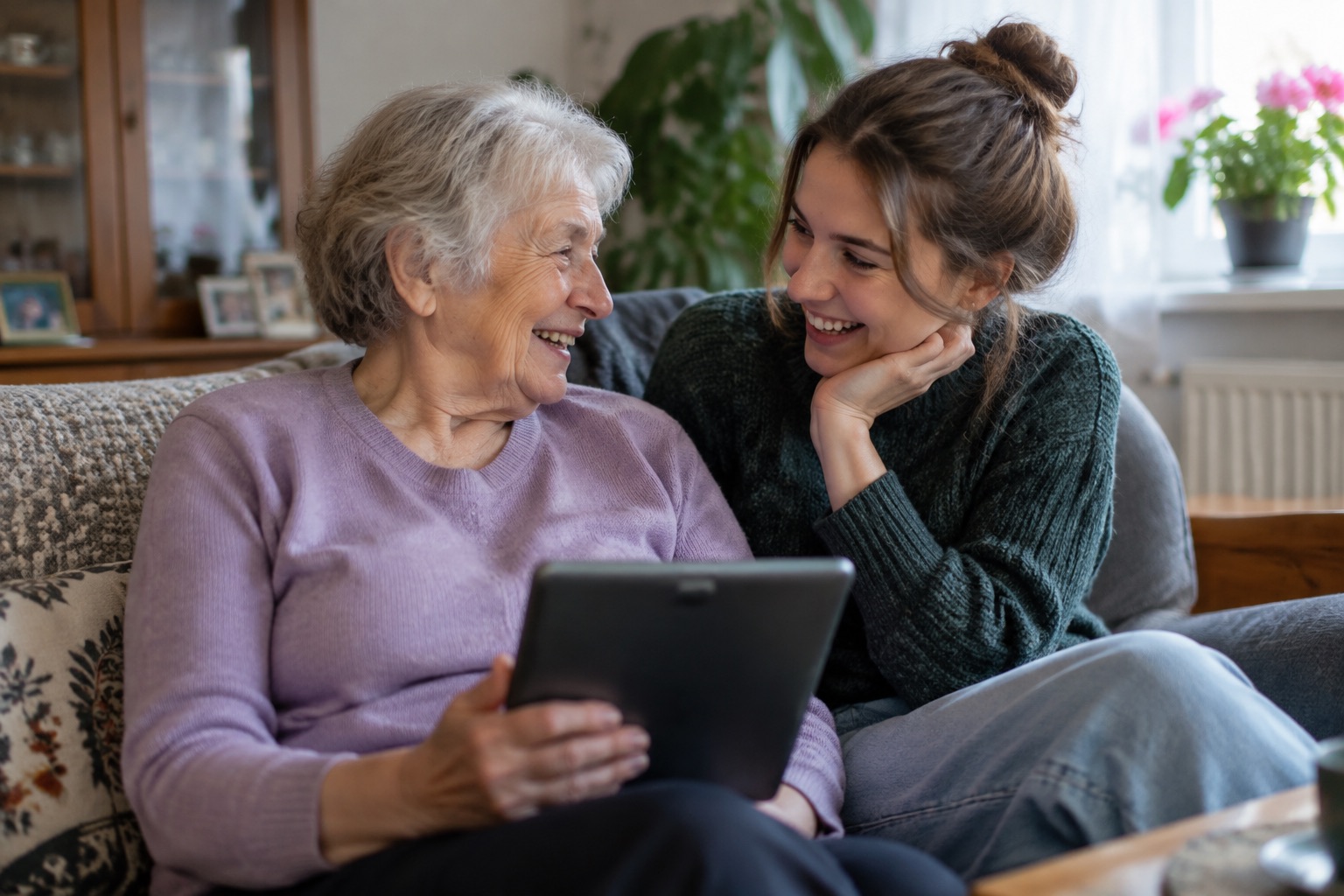 Uśmiechnięta seniorka z tabletem, obok niej wnuczka, obie rozbawione rozmową