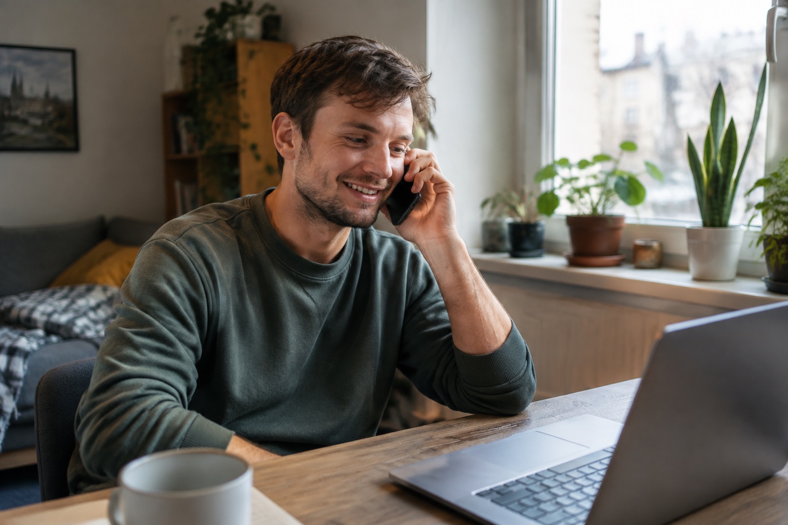 Młody mężczyzna przy biurku w mieszkaniu, uśmiechnięty podczas rozmowy telefonicznej, obok otwarty laptop