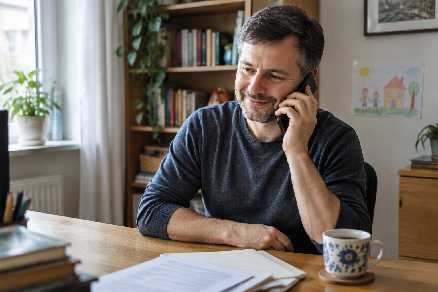 Mężczyzna po czterdziestce siedzi przy biurku w domowym gabinecie i uśmiecha się, rozmawiając przez telefon, na biurku leżą dokumenty i kubek herbaty