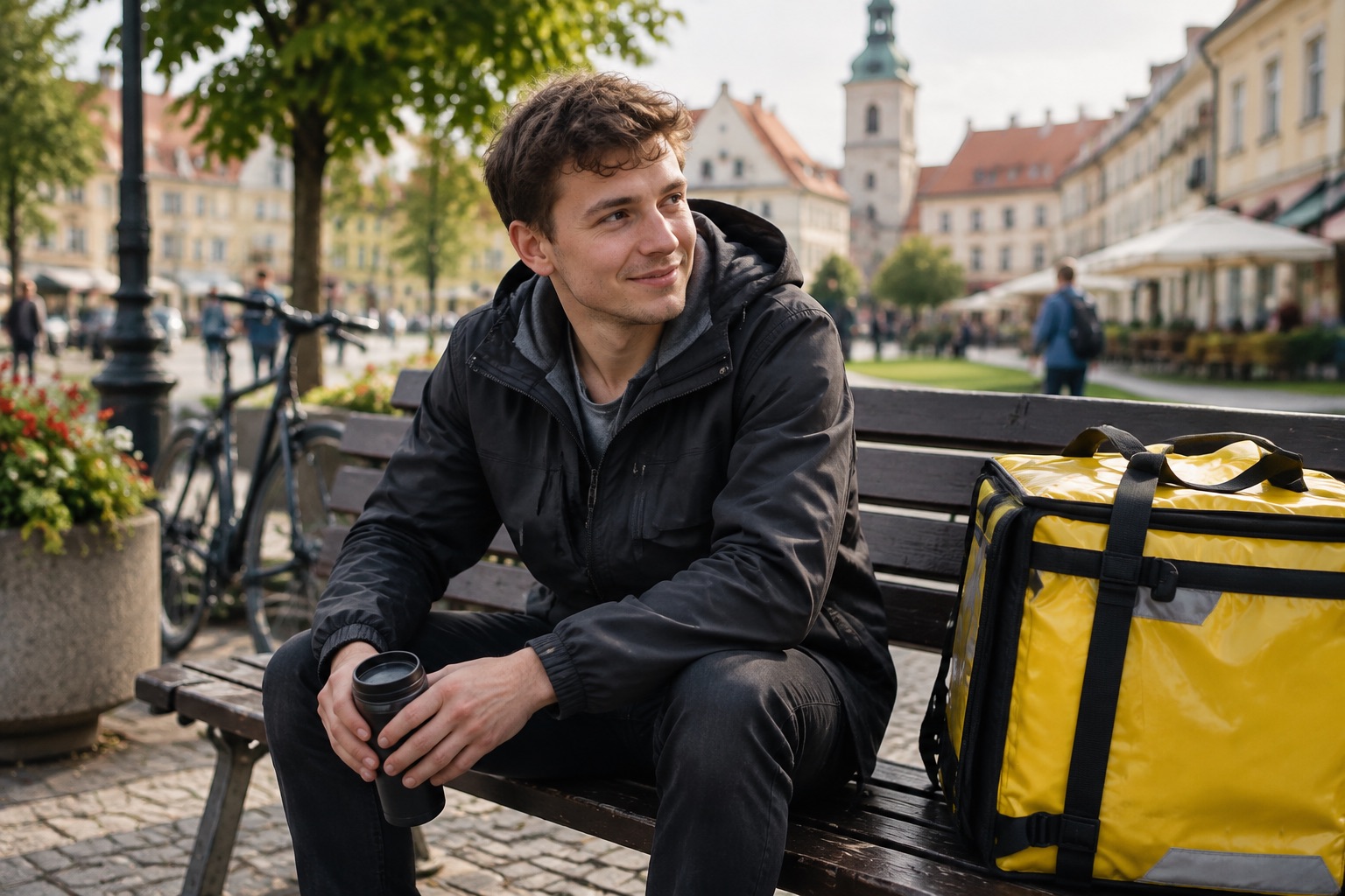 Młody kurier odpoczywa na ławce w mieście ze swobodnym uśmiechem