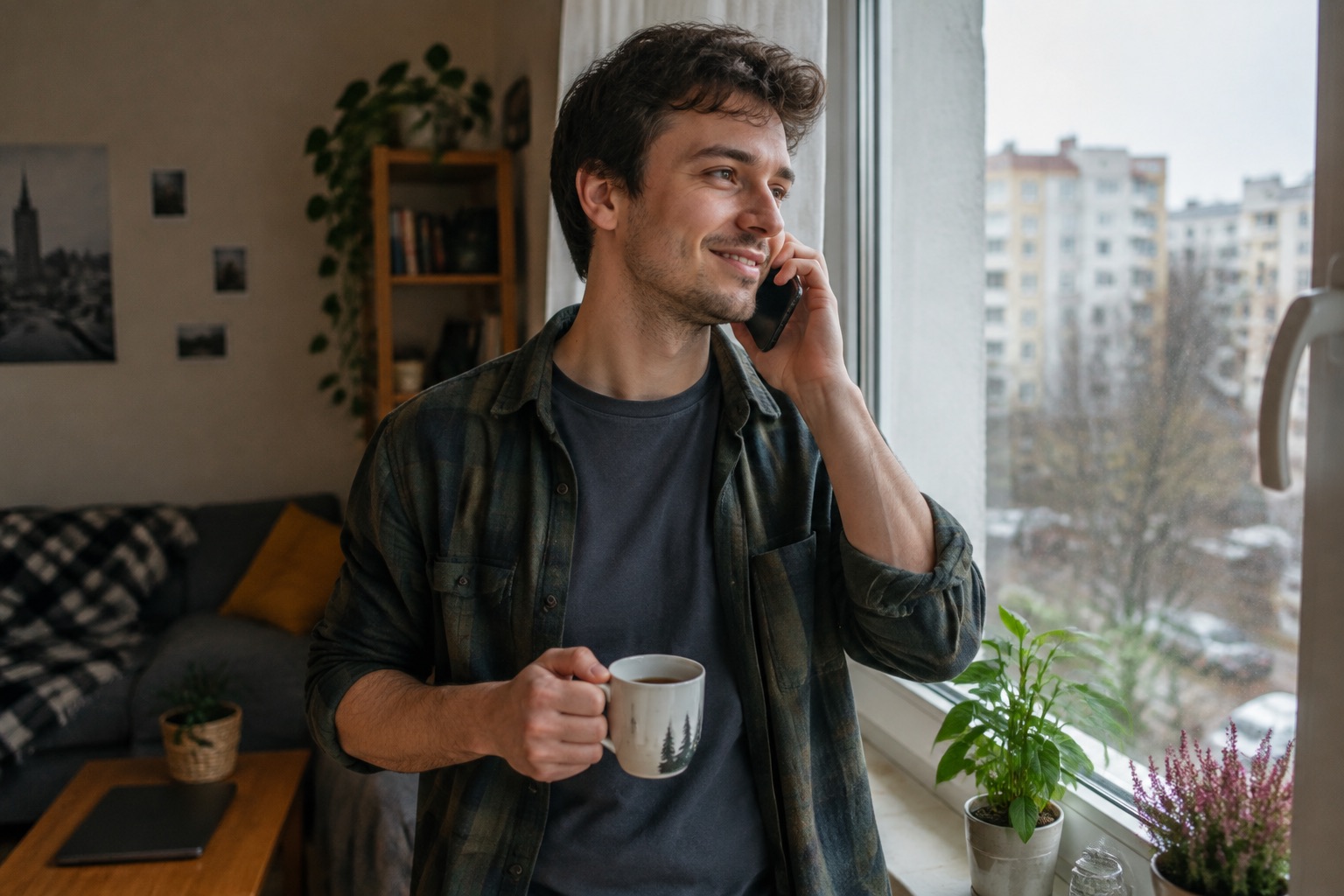 Młody mężczyzna w małym mieszkaniu przy parapecie z kubkiem herbaty rozmawia przez telefon i uśmiecha się, ekran nieczytelny