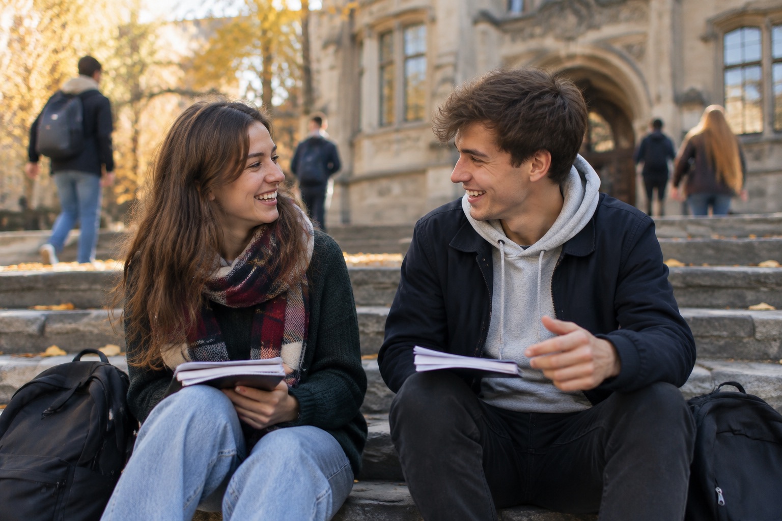 Studentka i student siedzą na schodach przed budynkiem uczelni z notatkami i śmieją się