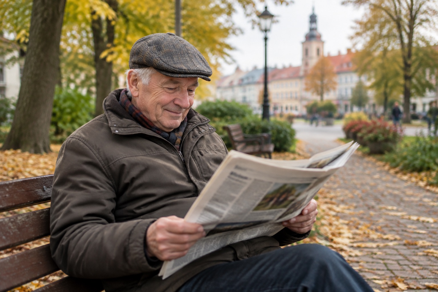 Mężczyzna po sześćdziesiątce z zadowoleniem czyta gazetę na parkowej ławce