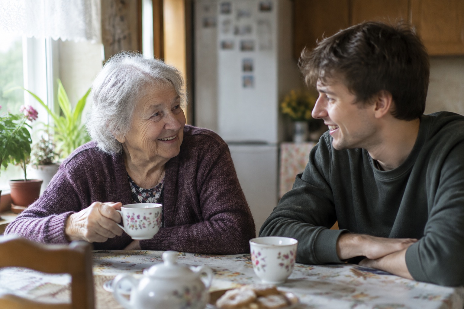 Babcia i wnuk rozmawiają przy kuchennym stole i oboje się uśmiechają