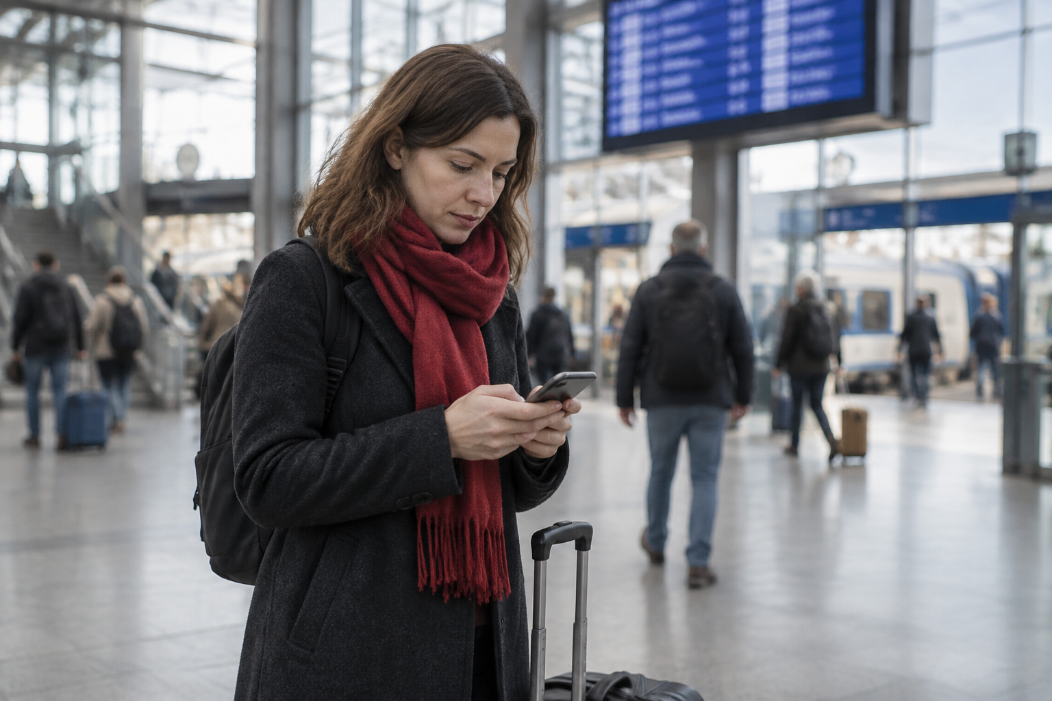 Kobieta kupująca bilet na podróż pociągiem przy użyciu telefonu