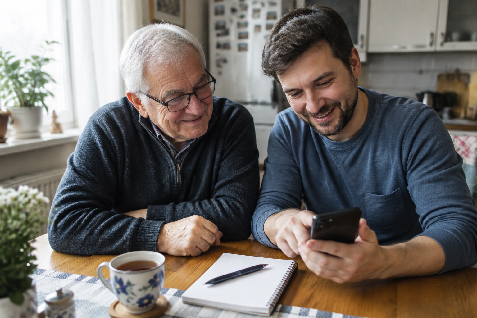 Dorosły syn pomaga ojcu seniorowi w sprawach bankowych przy kuchennym stole, obaj uśmiechają się nad telefonem i kartką z notatkami