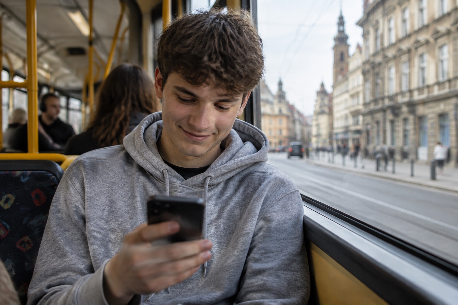 Młody mężczyzna w bluzie z kapturem w tramwaju zerkający z lekkim uśmiechem na telefon