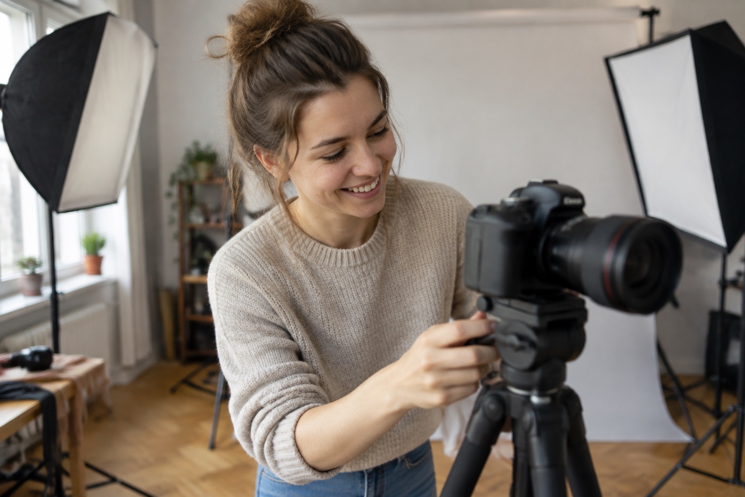 Młoda fotografka uśmiecha się w swoim studiu fotograficznym