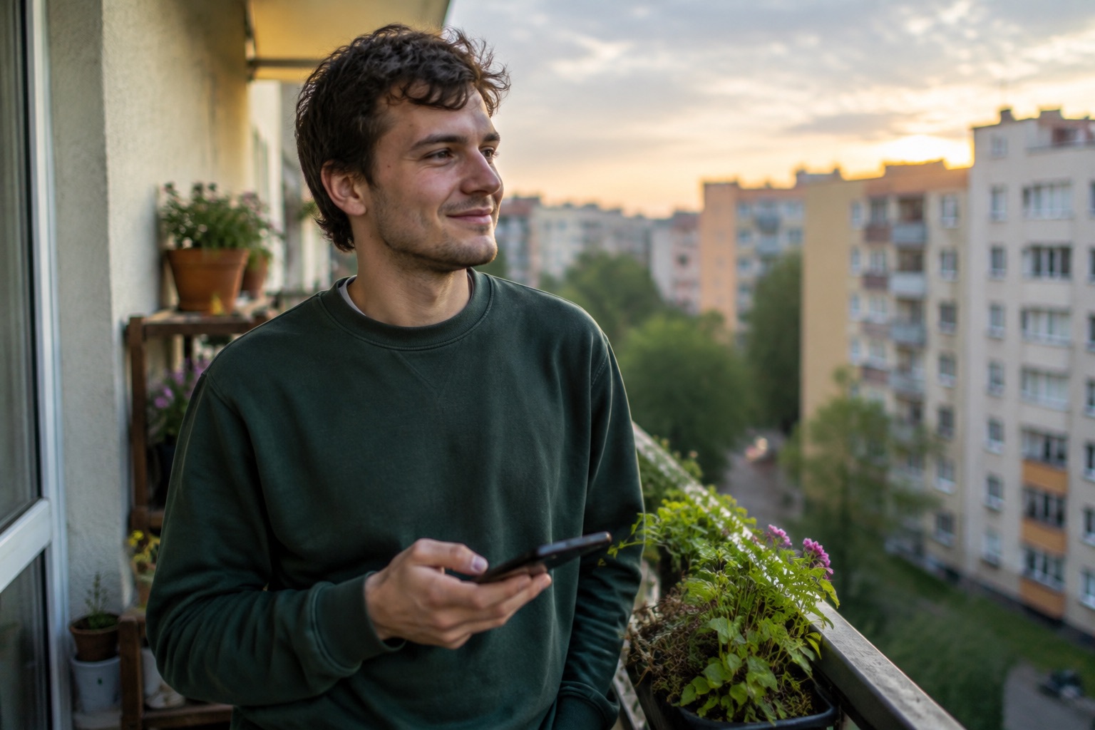 Mężczyzna po dwudziestce na balkonie z telefonem w ręku, ze spokojnym wyrazem twarzy