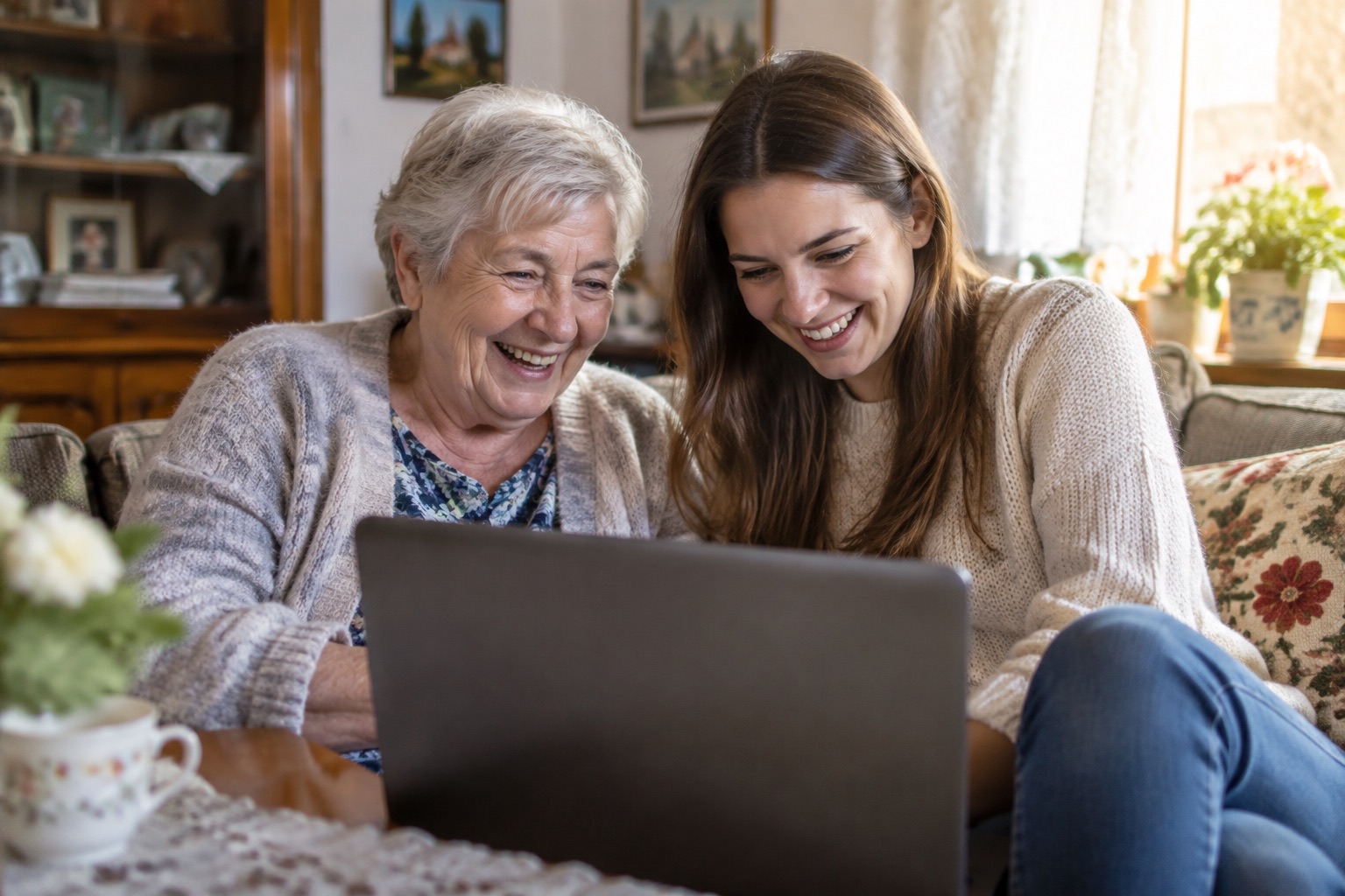 Babcia z wnuczką siedzą na kanapie i z uśmiechem przeglądają ofertę banku na laptopie
