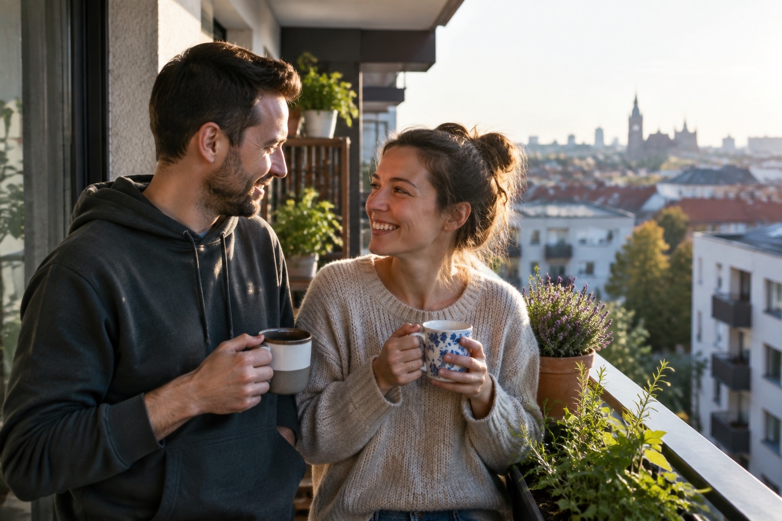 Para po trzydziestce pije kawę na balkonie nowego mieszkania i uśmiecha się do siebie